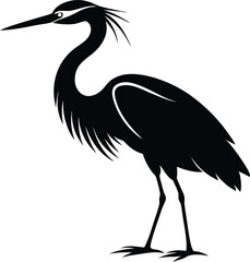 Vector silhouette of a heron standing on one leg, Black silhouette of a heron vector illustration