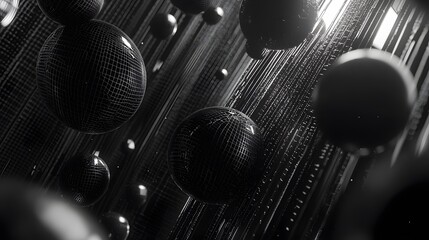 Black spheres with grid patterns in a vertical composition.