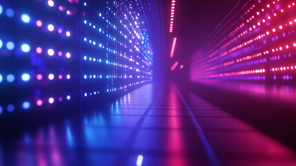Futuristic Neon City Night Scene. Vivid neon lights illuminate a cityscape at night, ideal for technology, entertainment, or urban lifestyle themes.