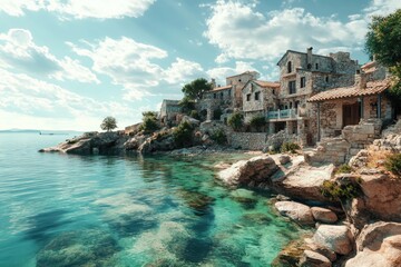 Picturesque coastal village nestled by turquoise water