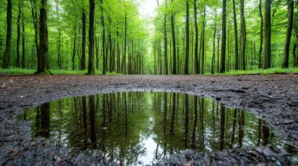 Forest Reflection in Puddle, Spring Nature