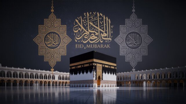 Eid mubarak celebration with the kaaba mosque and islamic decorations in a festive design for the holy festival