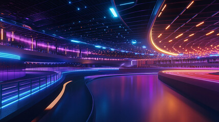 Futuristic Neon City Night Scene. Vivid neon lights illuminate a cityscape at night, ideal for technology, entertainment, or urban lifestyle themes.