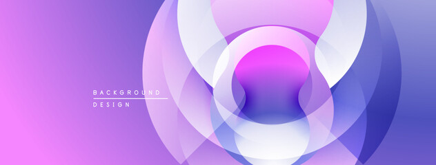 Abstract layers create vibrant purple, blue gradients. Circular shapes overlap, forming dynamic visual effect. Modern design element.