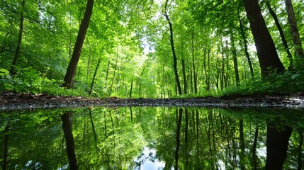 Fototapeta premium Lush Green Forest Reflection in Still Water
