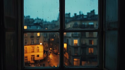 A rainy night viewed through a window city lights glow softly creating a peaceful introspective mood and textured glass