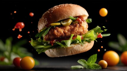 Crispy chicken burger close-up food photography on dark background