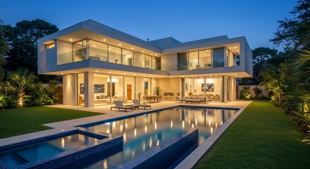 輝くモダン邸宅 夕暮れ時プールと芝生