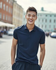 Smiling young man posing in urban street city center lifestyle shot