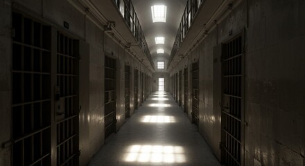 陰鬱な監獄廊下 光差し込む窓 孤独な空間