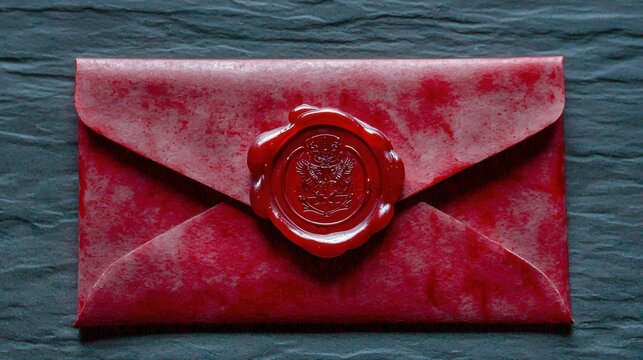 A red velvet envelope with a wax seal displaying a detailed on a textured dark background perfect for invitations or special correspondence - Powered by Adobe