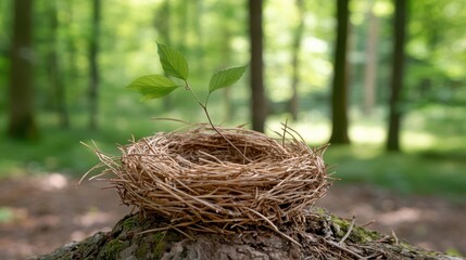 New Life in Nature: Sprout in Bird's Nest