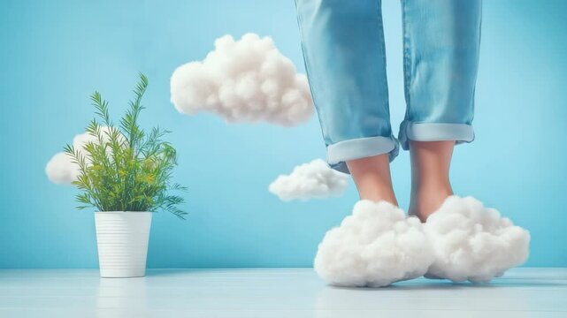 Cozy feet in fluffy slippers with clouds and greenery backdrop.