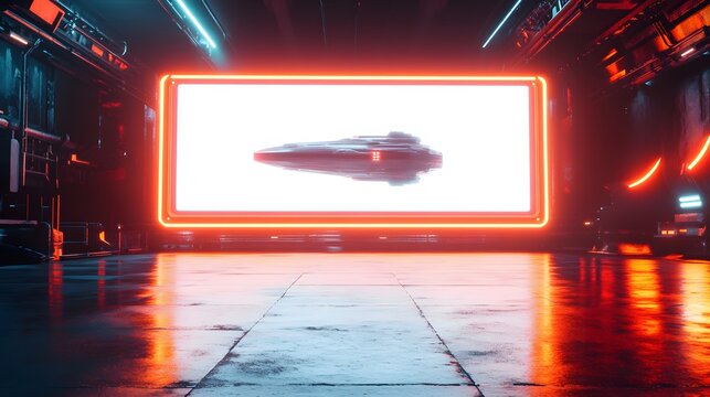 Futuristic interior with a large screen displaying a spaceship.