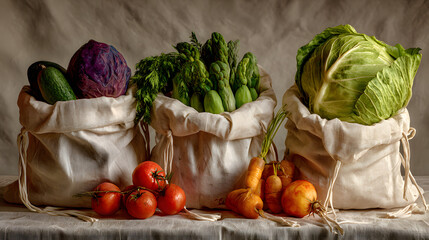 Fresh Organic Vegetables in Reusable Bags A Still Life Photography