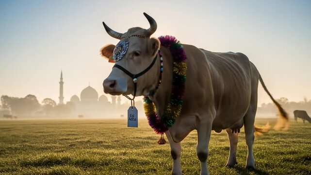 Cow decorated for Eid al-Adha with mosque in background