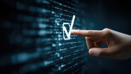 A finger points to a glowing checkmark superimposed on a digital code background, symbolizing successful completion or verification