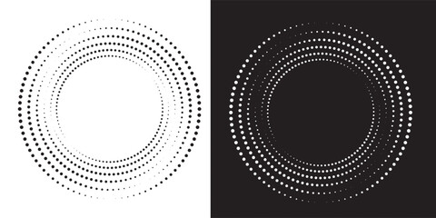 Modern abstract background. Halftone dots in circle form. Round logo, design element or icon. Vector dotted frame. A black figure on a white background and an equally white figure on the black side.