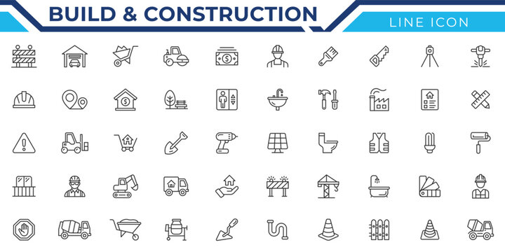Build and construction icon set. Vector illustration of architecture, bulldozer, tools, foundation, cement, construction, crane, wall, building, palette, and bulldozer