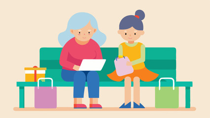 Obraz premium A grandmother and granddaughter sharing a bench the grandmother knitting while the granddaughter watches videos on her tablet surrounded by colorful shopping bags.