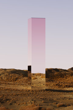 Mysterious Mirror Monolith in a Desert Landscape