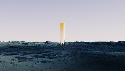 Golden Monolith Reflected in a Surreal Desert Landscape at Sunset