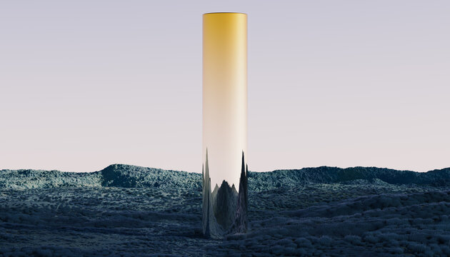 Golden Monolith Reflected in a Surreal Desert Landscape at Sunset