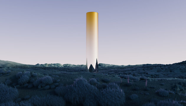 Golden Monolith Reflected in a Surreal Desert Landscape at Sunset