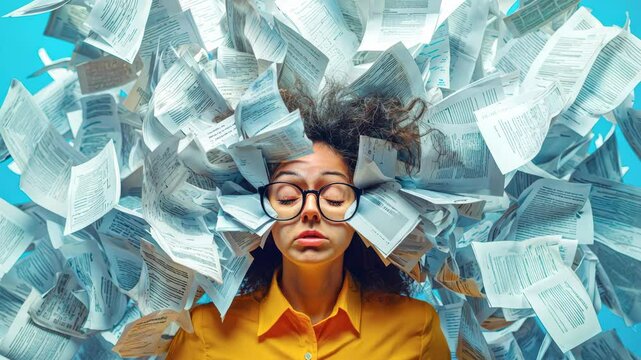 Overwhelmed woman surrounded by scattered papers and receipts.