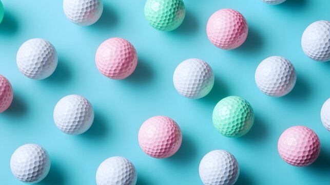 Colorful golf balls arranged in a geometric pattern on a light blue surface.