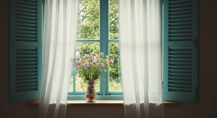 Fototapeta premium 窓辺の野花 透ける白カーテン 爽やか青窓枠