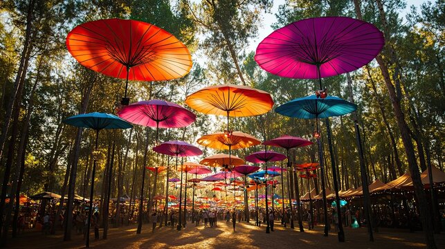 A whimsical forest festival adorned with vibrant floating umbrellas creating a dreamy and colorful canopy with strong
