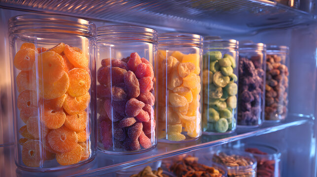 Organized Colorful Dried Fruits in Glass Jars Stored in Refrigerator