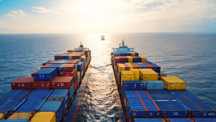 Aerial view of Large cargo ship with port area.Shipping logistics with sea freight indutry.Global import and export.T
