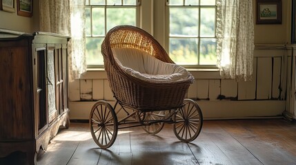 A vintage wicker baby carriage bathed in gentle sunlight evokes nostalgia and dreams of bygone eras with weathered wood