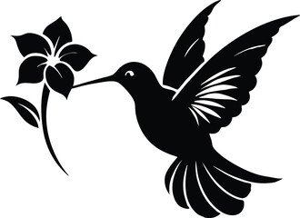 Flying hummingbird vector silhouette with flower, Flying hummingbird bird vector illustration