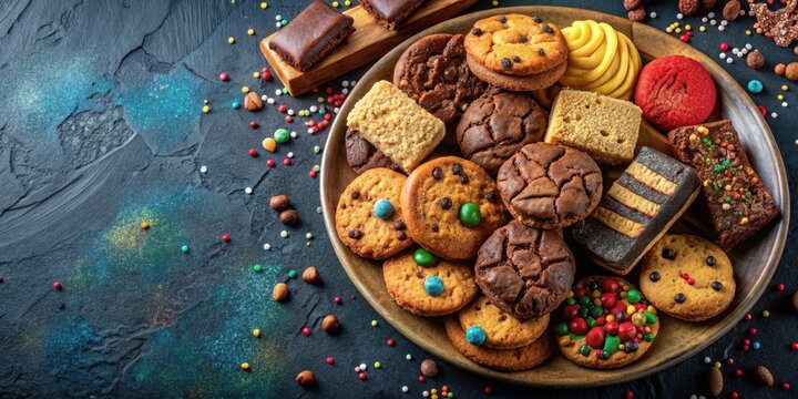 A platter of assorted colorful cookies and brownies against a dark richly colored background with scattered crumbs