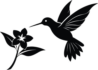 Flying hummingbird vector silhouette with flower, Flying hummingbird bird vector illustration