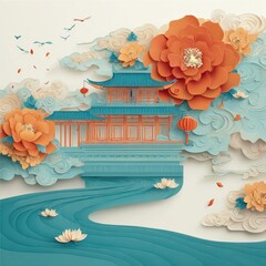 Paper Cut Chinese Architecture Scene with Flowers and Clouds
