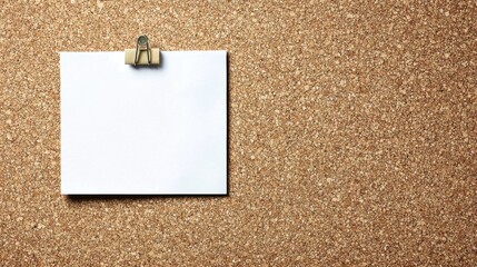 Blank white square note paper attached to corkboard with a metal clip for reminders or messages in a minimal office or home workspace setting