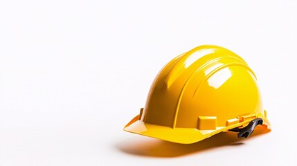 Fototapeta premium yellow safety helmet positioned at a slight angle, isolated on clean white background, realistic shadow beneath for depth, ample empty space around for branding or text safety helmet yellow 
