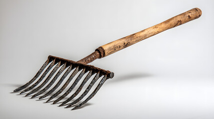 Antique Rustic Wooden Handled Metal Garden Rake Tool