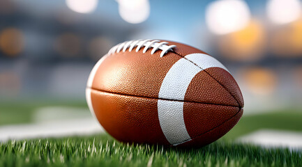 Fototapeta premium Close-up of a classic brown football on a bright green field, ready for an exciting game of American football.