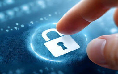 A finger reaching out to a digital lock icon, symbolizing online security and data protection.