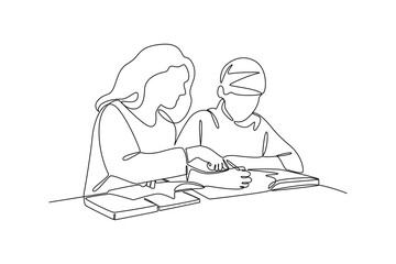 Teacher helping student studying with books in continuous line drawing