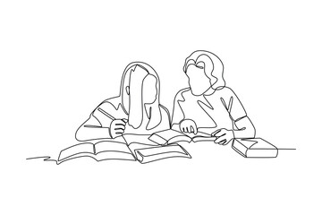 Students studying together, continuous line drawing depicting education