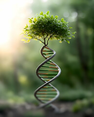 A creative representation of a tree growing from a DNA helix in a lush, green environment, symbolizing life and growth.