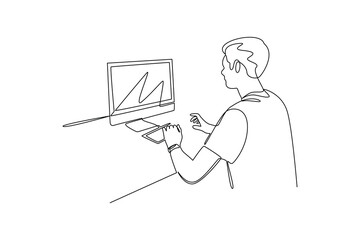 Student studying with computer and graphic tablet in continuous line drawing style
