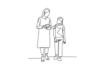 Teacher reading a book to her student in continuous line drawing style