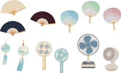 Summer Cooling Items Illustration Set with Fans, Wind Chimes, and Air Circulators | An illustration set featuring traditional and modern summer cooling items including uchiwa (flat fans), folding fans